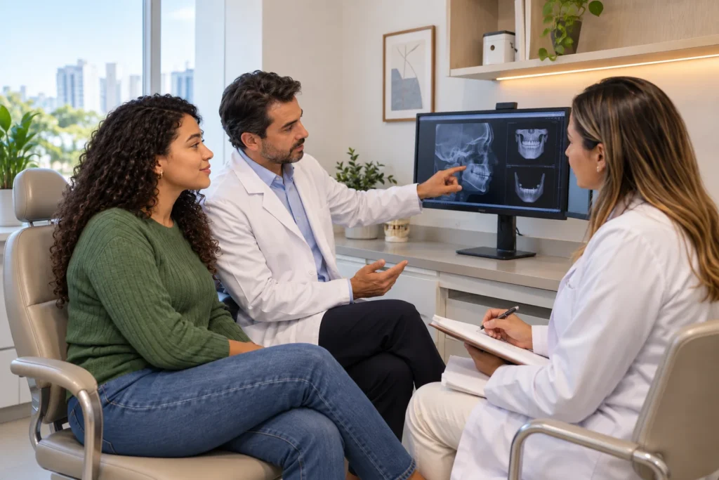 quem faz cirurgia ortognática — paciente em avaliação com cirurgião bucomaxilofacial e ortodontista