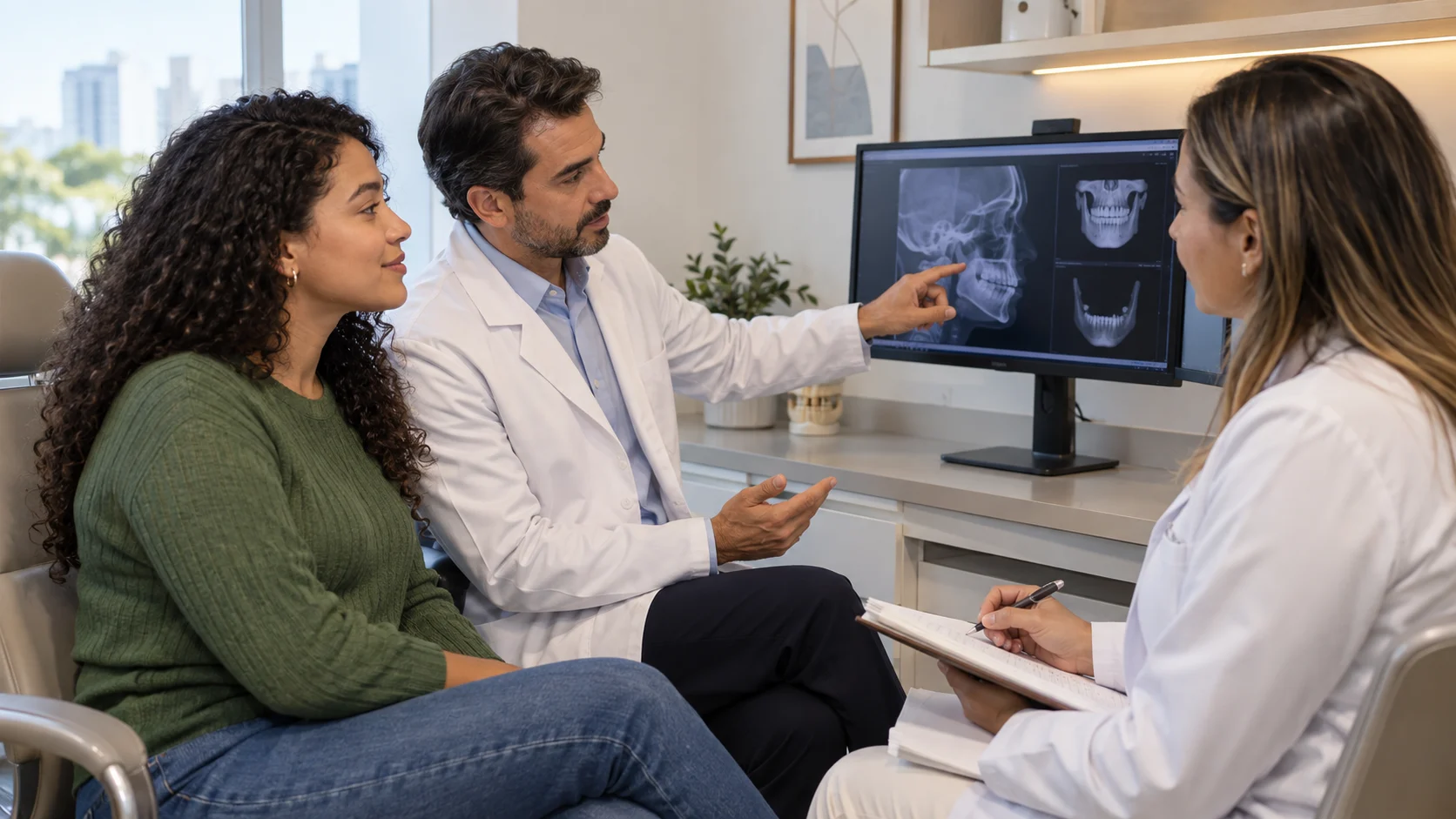 quem faz cirurgia ortognática — paciente em avaliação com cirurgião bucomaxilofacial e ortodontista