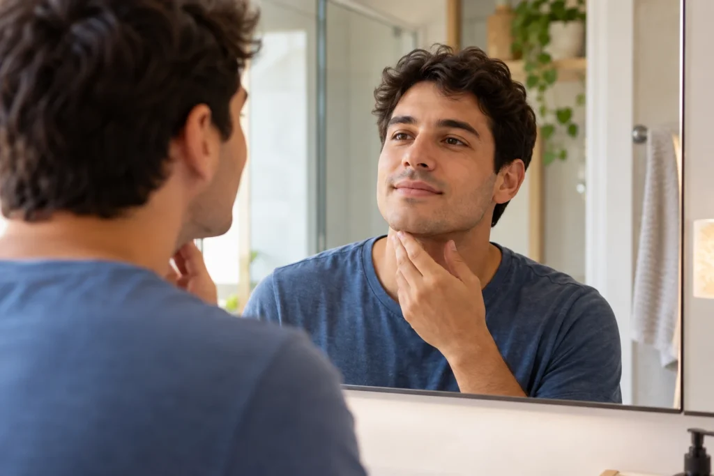 Adulto observando o rosto no espelho na cirurgia ortognática 1 mês depois