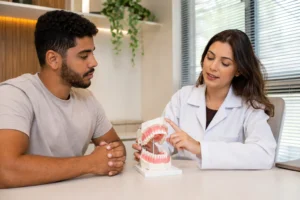 Cirurgia ortognática o que é: especialista explica um modelo das arcadas dentárias ao paciente.