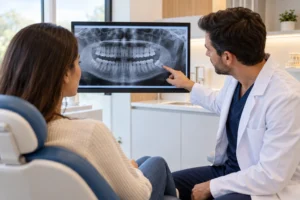 Paciente em avaliação de dente do siso incluso com cirurgião bucomaxilofacial