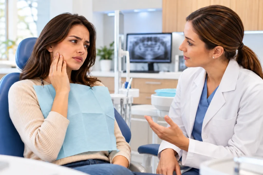 Paciente com desconforto de dente do siso nascendo em avaliação odontológica